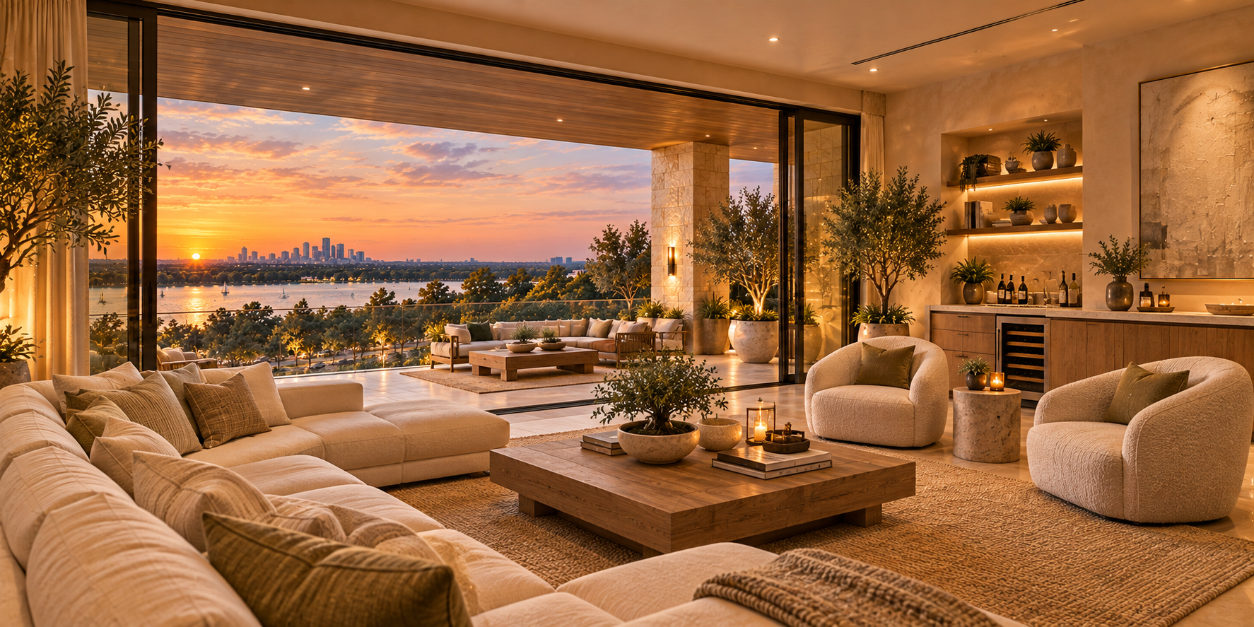 Coming soon Maistro Homes indoor-outdoor lounge at sunset